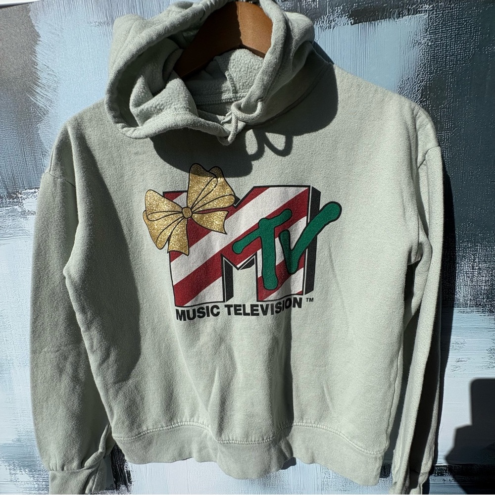 Vintage MTV Holiday Hoodie XS Candy Cane Logo & Gold Bow green